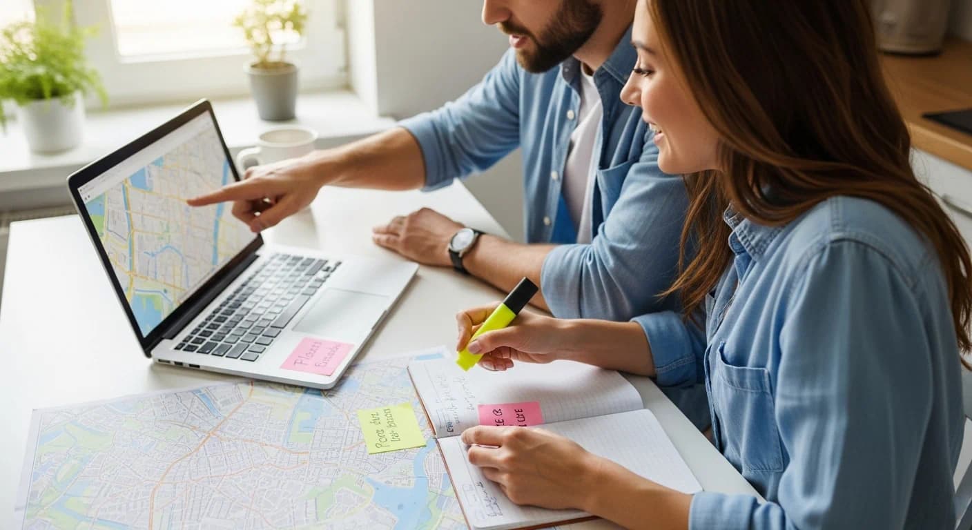 Couple reviewing a map and laptop while planning career and a move together