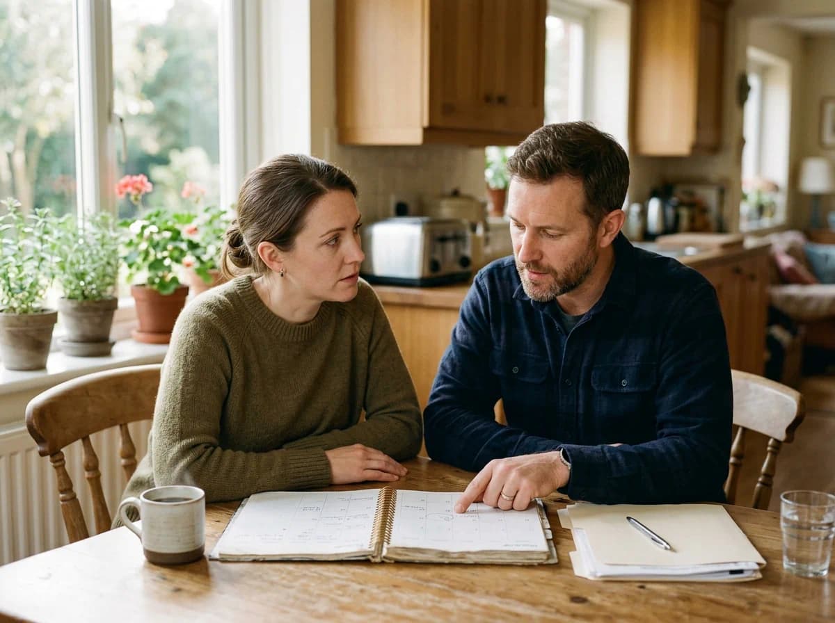 Couple reviewing calendar and plans together to share caregiving responsibilities before marriage