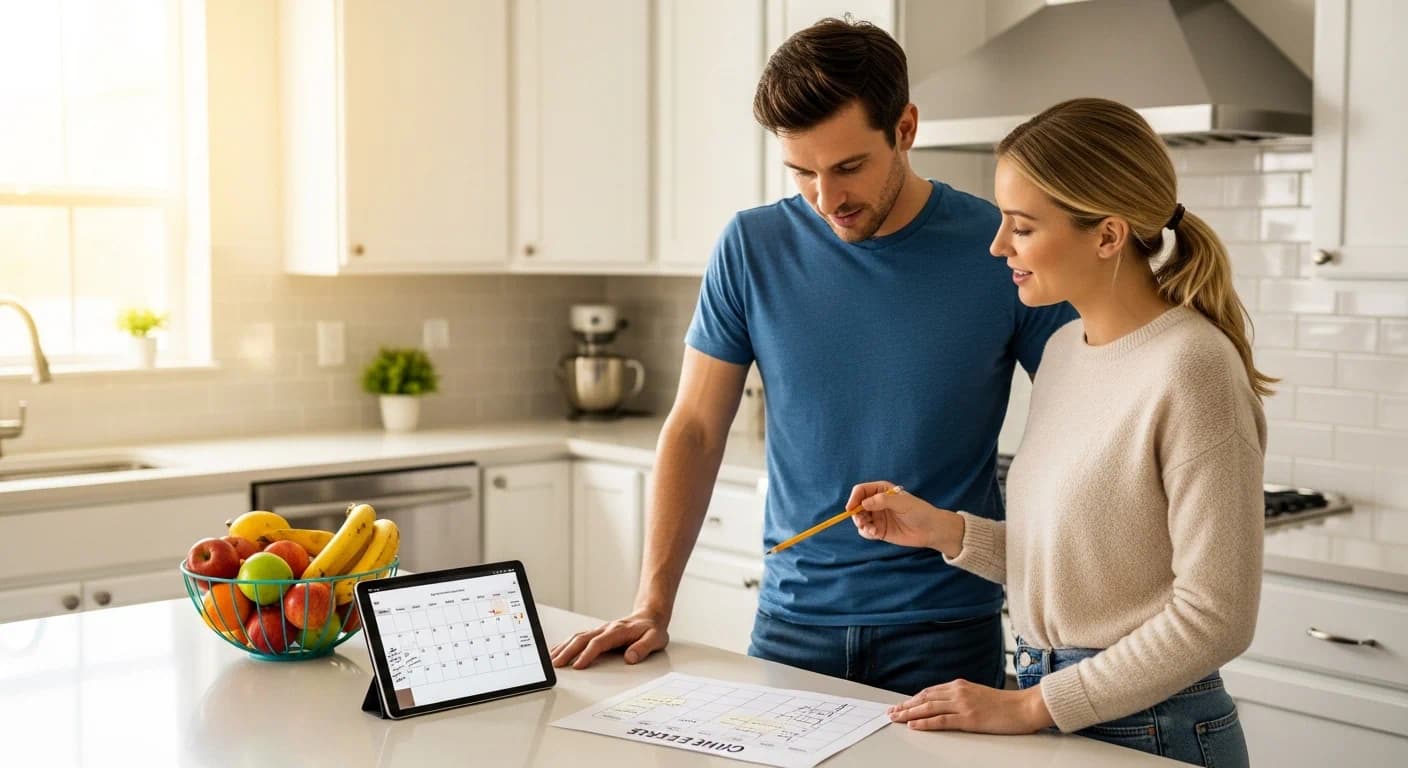 Couple planning chores and household tasks together at a kitchen table