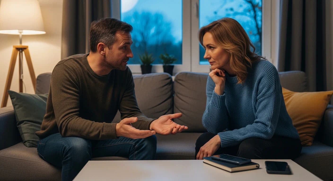 Two partners talking face to face before marriage, calm body language