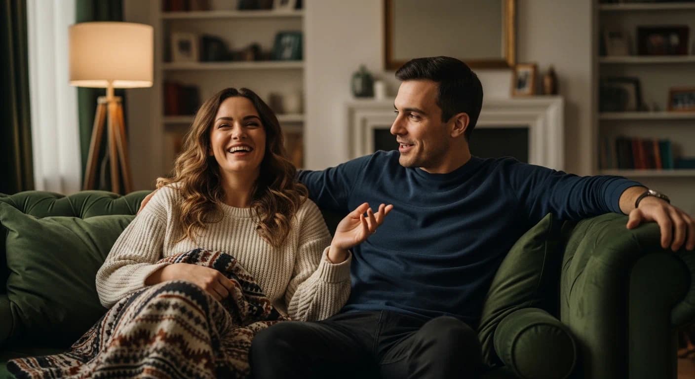 Couple smiling after a good premarital conversation on the couch