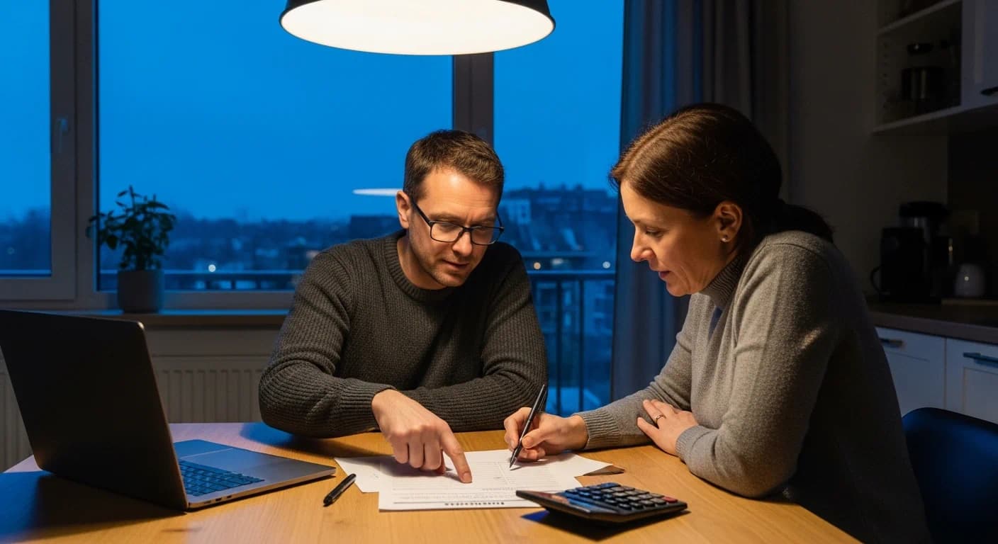 Engaged couple at a table with a laptop and notebook discussing money calmly