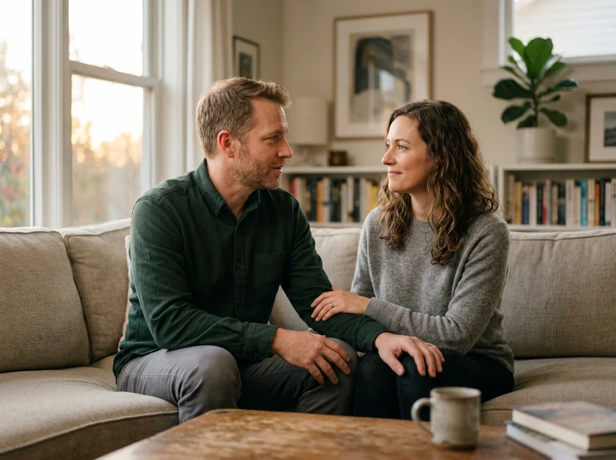 Couple having an honest conversation about grief and loss before marriage