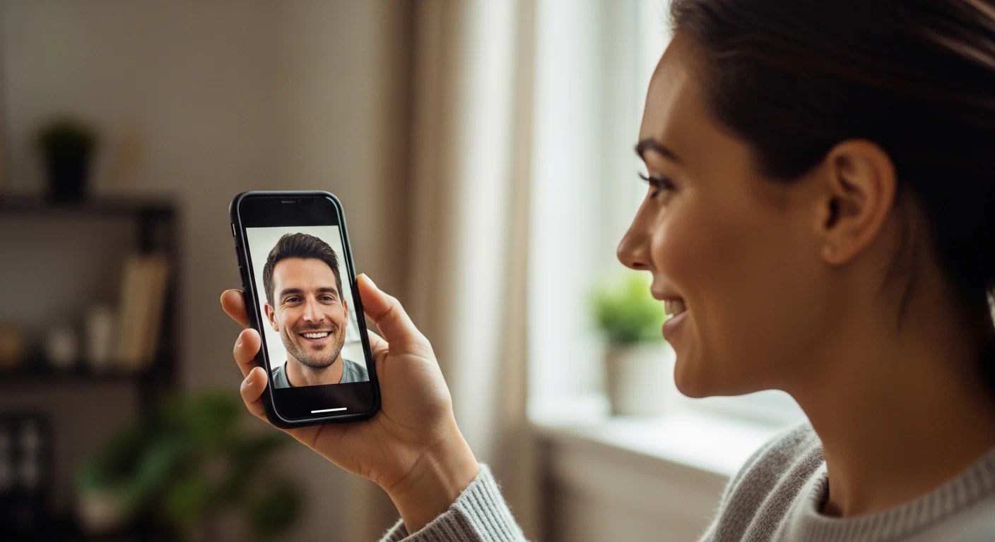 Partners on a video call smiling, long distance relationship before marriage