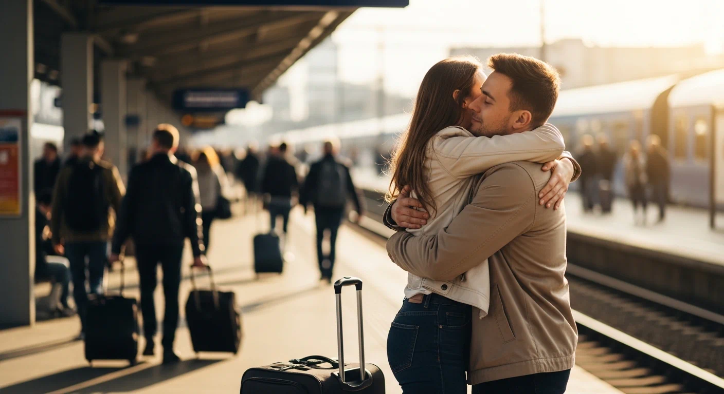Couple hugging at a train station reunion after long distance