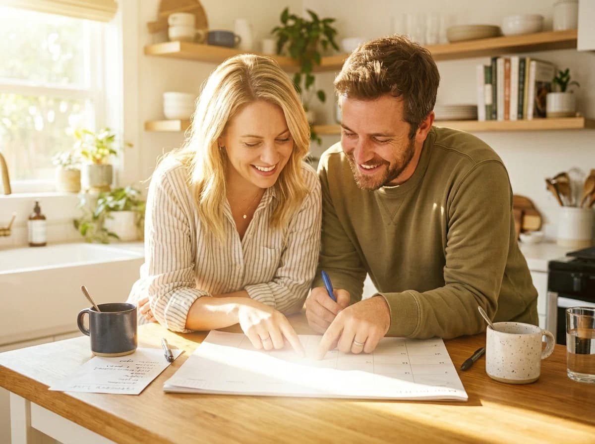 Couple reviewing calendar and plans together to share mental load before marriage