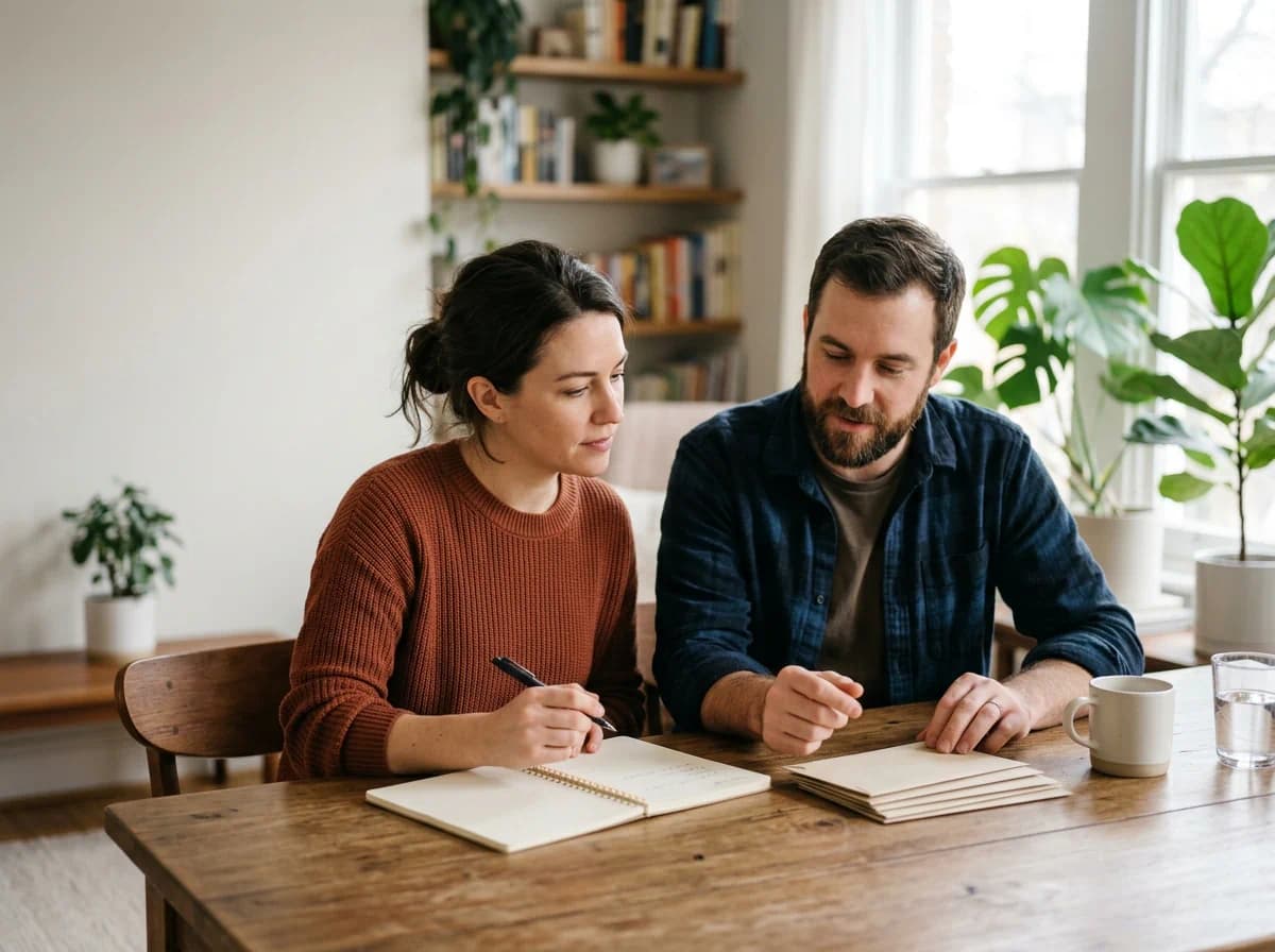 Couple discussing name change options before marriage