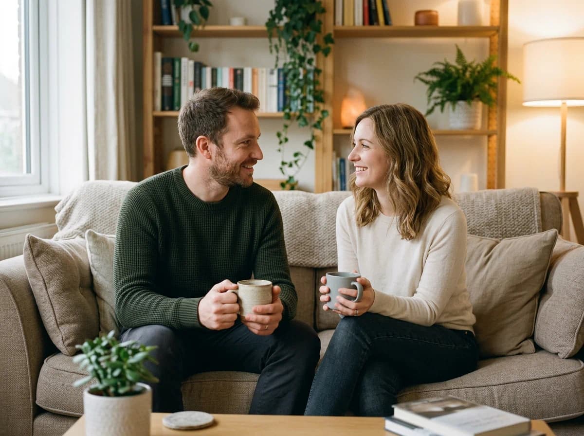 Couple having a calm conversation about physical intimacy before marriage