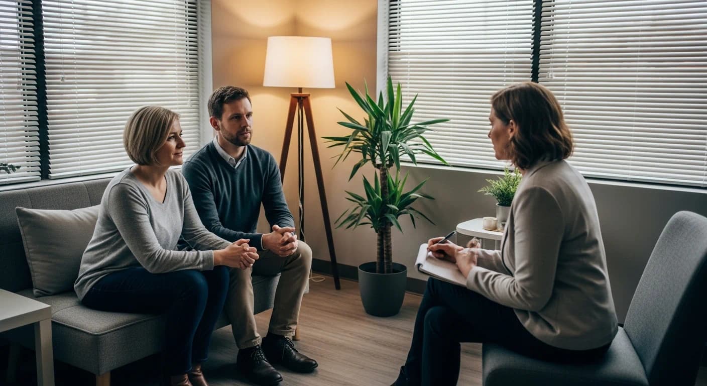 Two partners seated comfortably in a counseling office talking with a therapist