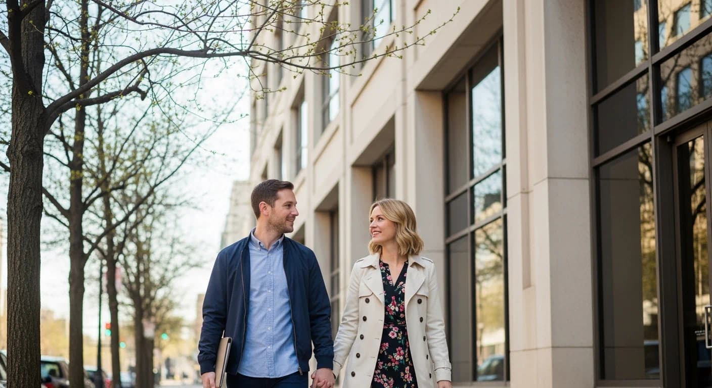 Couple walking out of a counseling building together looking hopeful