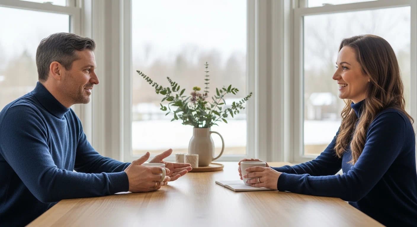 Engaged couple at a table discussing family and children calmly