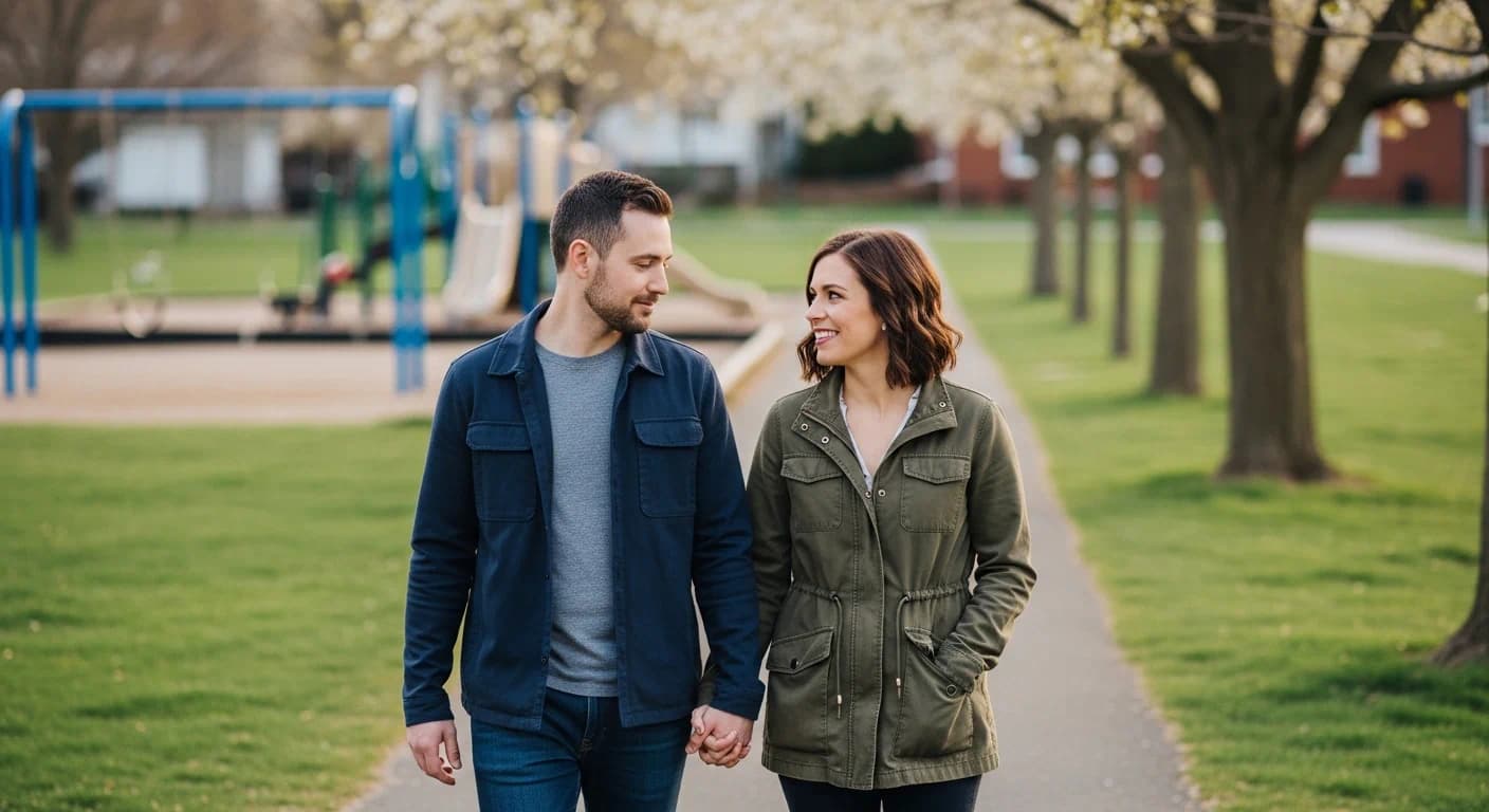 Couple walking in a park after a thoughtful talk about children