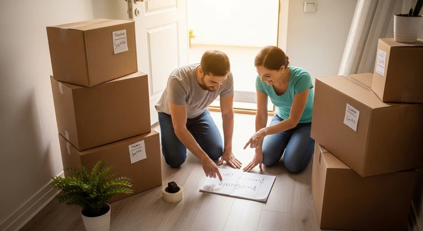 Partners with moving boxes in a bright apartment doorway, teamwork mood