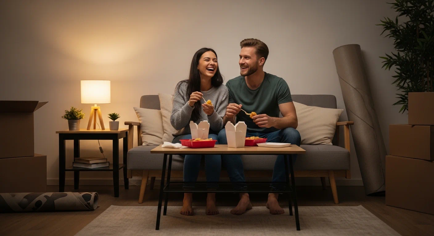 Couple relaxing on the couch in their new shared apartment after unpacking