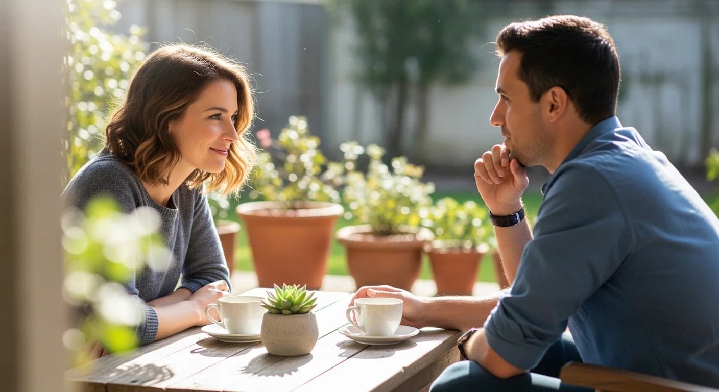 Couple having a calm, honest conversation—questions to ask before marriage