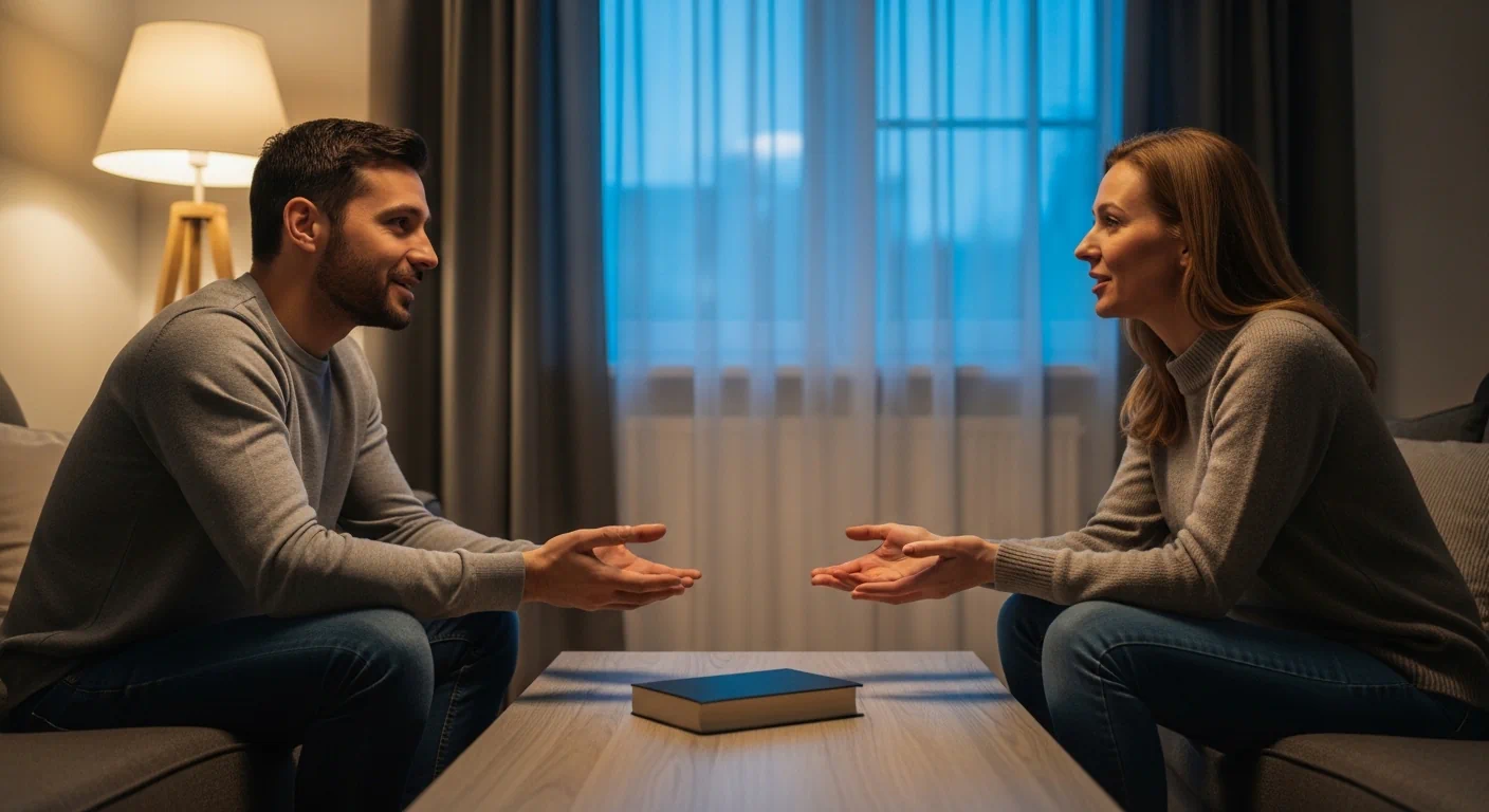 Couple having a calm conversation about faith and values before marriage