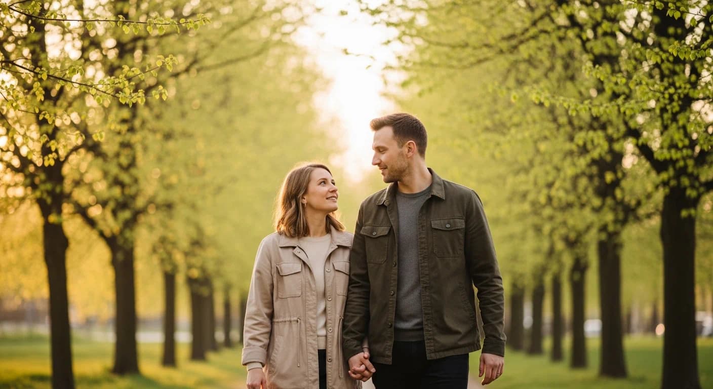 Couple walking together after a thoughtful talk about faith and future
