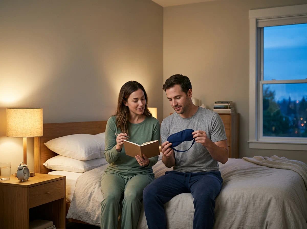 Couple discussing sleep habits and bedroom routines before marriage