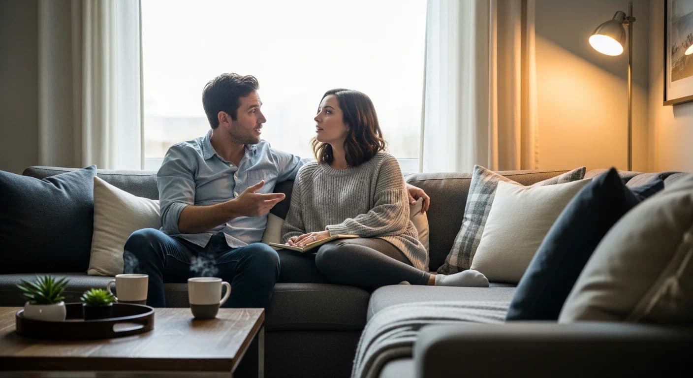 Couple having a calm talk about things to discuss before marriage