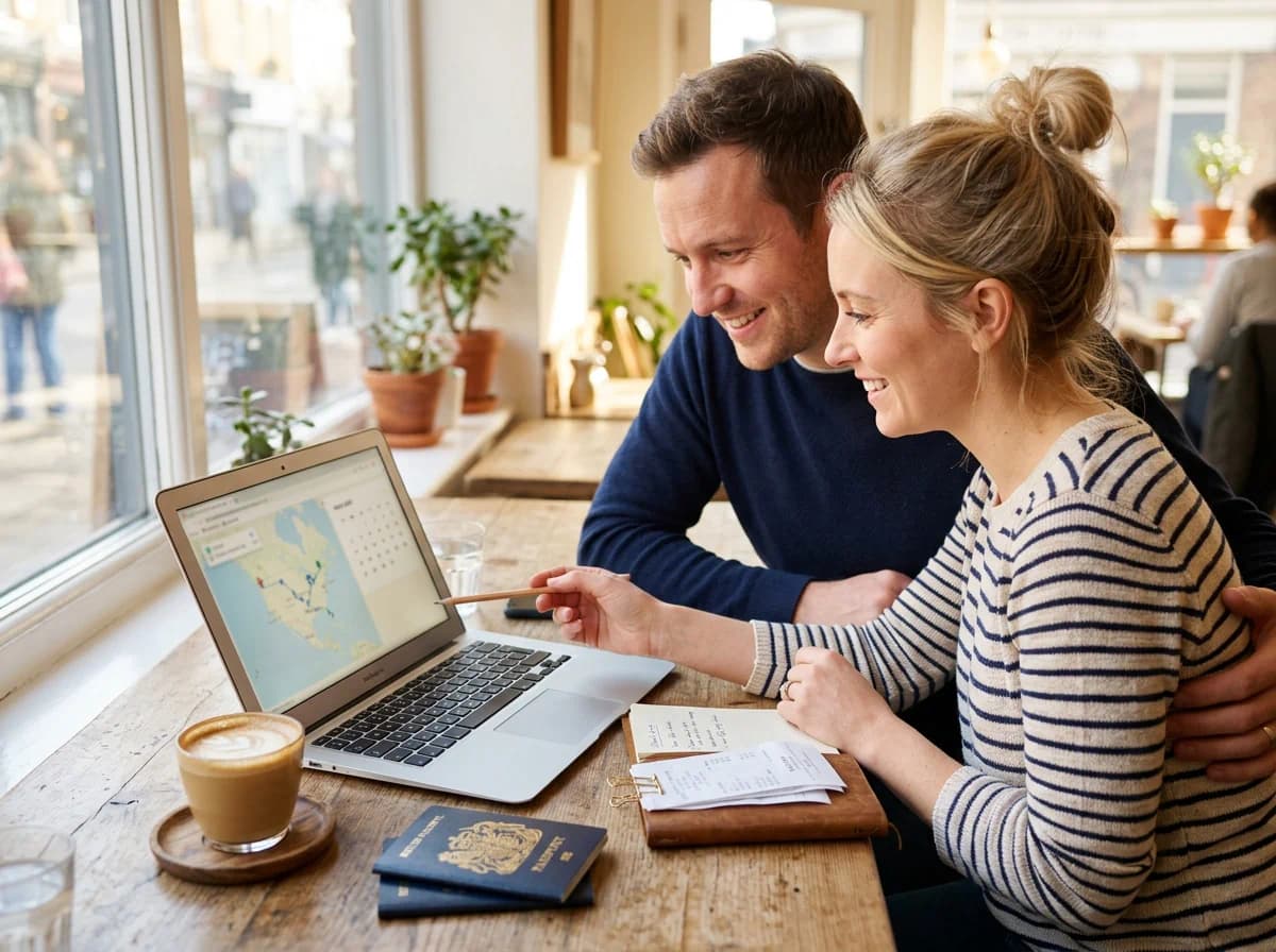 Couple planning travel and vacation budget together before marriage