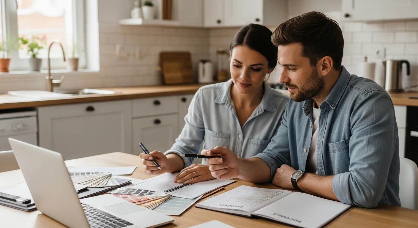 Couple managing wedding planning stress together before marriage