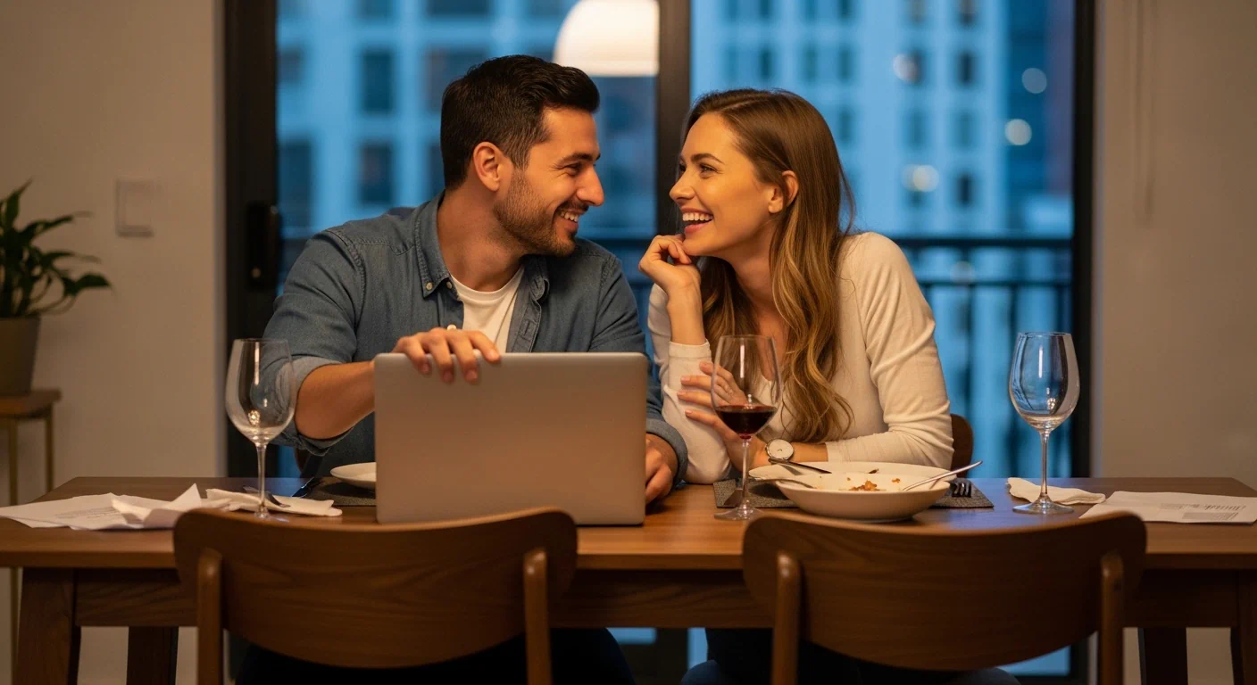Partners smiling after completing part of their marriage questionnaire