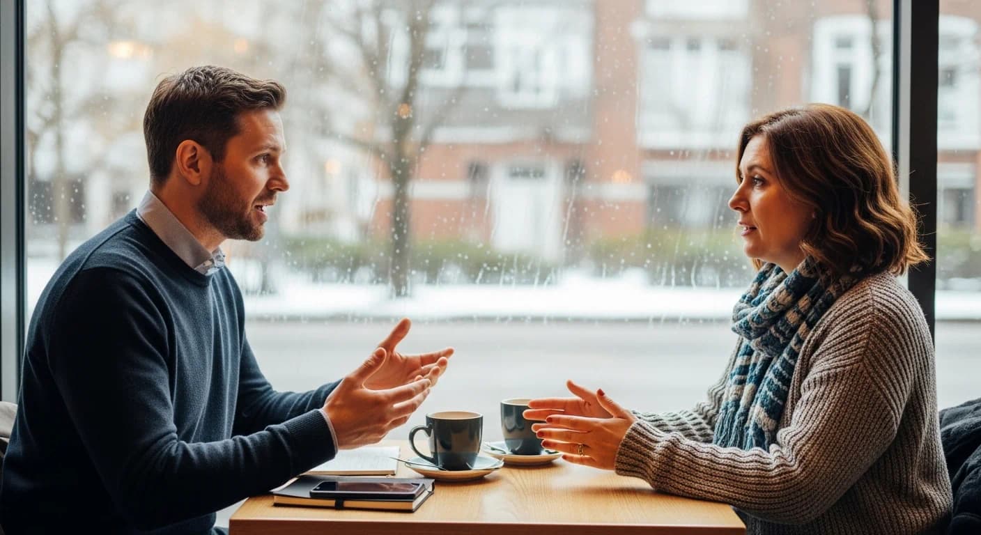 Two partners seated across from each other, serious but respectful conversation